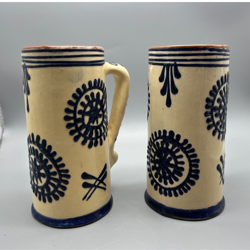 Vintage Folk Art Pottery Romania Pair of MugsCream Navy - Picture 2 of 7